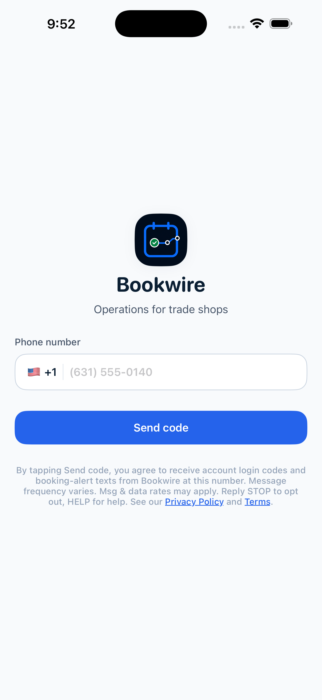 Bookwire mobile app sign-in screen. Beneath the "Send code" button the consent disclosure reads: By tapping "Send code," you agree to receive account login codes and booking-alert texts from Bookwire at this number. Message frequency varies. Msg & data rates may apply. Reply STOP to opt out, HELP for help. See our Privacy Policy and Terms — where Privacy Policy and Terms are tappable links opening this site's /privacy and /terms pages.