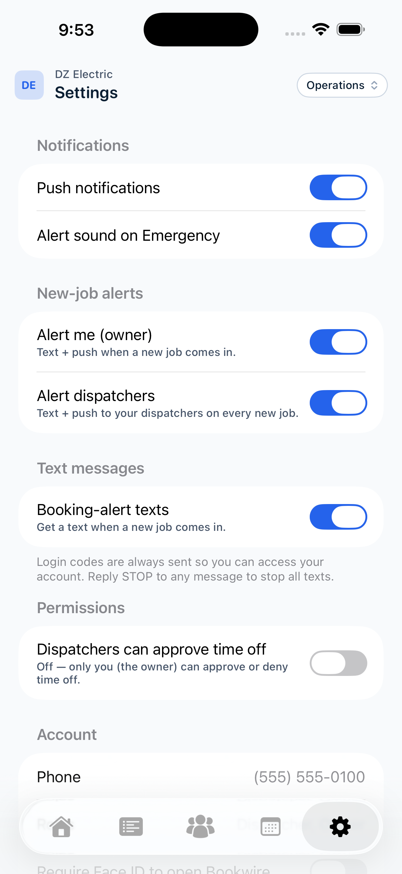 Bookwire app Settings screen showing the Text messages section with a "Booking-alert texts" toggle switched on, and the note: Login codes are always sent so you can access your account. Reply STOP to any message to stop all texts.