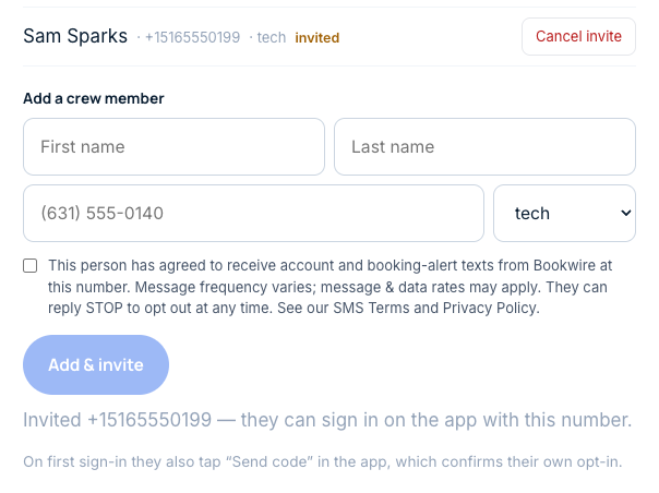 The Bookwire dashboard "Mobile-app crew" card. The add-a-crew-member form shows name, phone and role fields, and an unchecked consent checkbox reading: This person has agreed to receive account and booking-alert texts from Bookwire at this number. Message frequency varies; message & data rates may apply. They can reply STOP to opt out at any time. The "Add & invite" button is disabled until the box is checked.